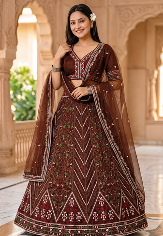 Dark Brown Color Thread,Sequins And Dori Work Thai Silk_Blend Lehenga Choli