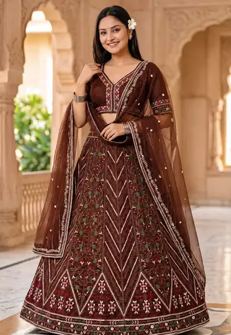 Dark Brown Color Thread,Sequins And Dori Work Thai Silk_Blend Lehenga Choli