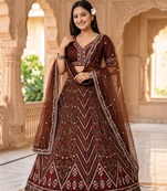 Dark Brown Color Thread,Sequins And Dori Work Thai Silk_Blend Lehenga Choli