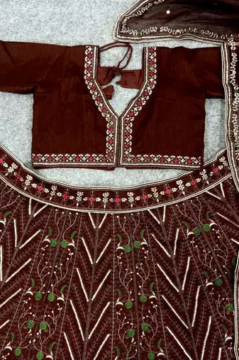 Dark Brown Color Thread,Sequins And Dori Work Thai Silk_Blend Lehenga Choli