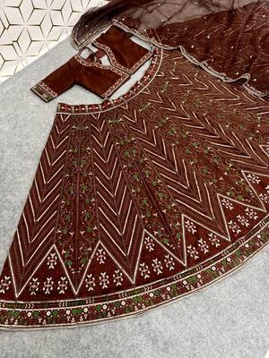 Dark Brown Color Thread,Sequins And Dori Work Thai Silk_Blend Lehenga Choli 4