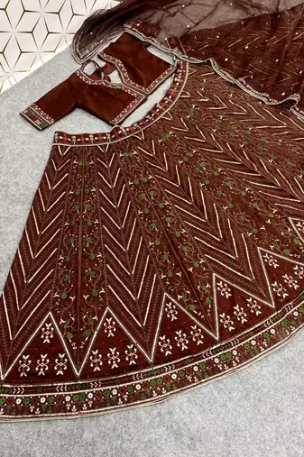 Dark Brown Color Thread,Sequins And Dori Work Thai Silk_Blend Lehenga Choli