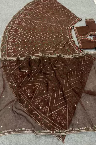Dark Brown Color Thread,Sequins And Dori Work Thai Silk_Blend Lehenga Choli