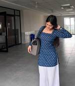 Women's rayon handpainted handblock designer Short Kurtis