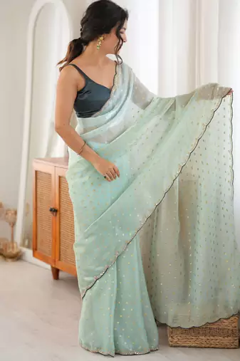 Green premium satin saree with golden butti work & designer border