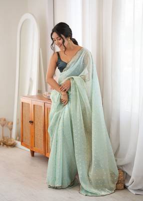 Green premium satin saree with golden butti work & designer border 3