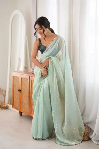 Green premium satin saree with golden butti work & designer border
