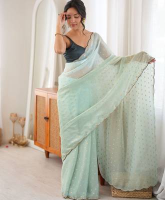 Green premium satin saree with golden butti work & designer border 5