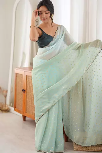 Green premium satin saree with golden butti work & designer border