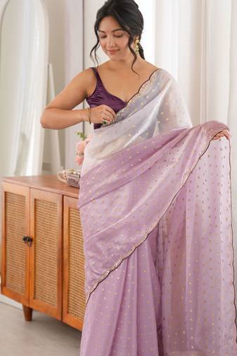 Lavender  premium satin saree with golden butti work & designer border