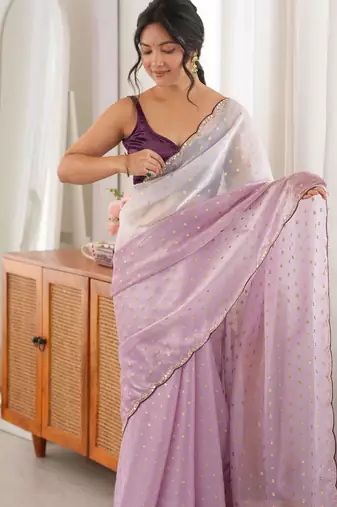 Lavender  premium satin saree with golden butti work & designer border