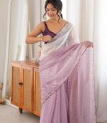 Lavender  premium satin saree with golden butti work & designer border