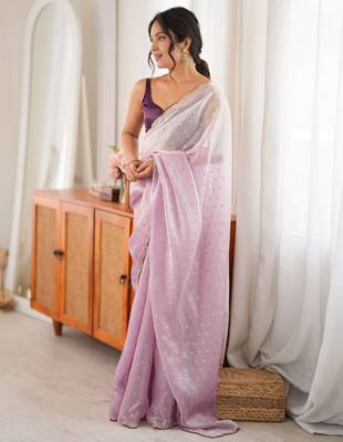 Lavender  premium satin saree with golden butti work & designer border 3