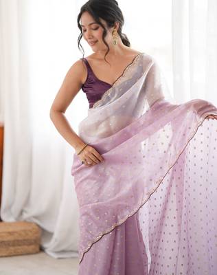 Lavender  premium satin saree with golden butti work & designer border 4