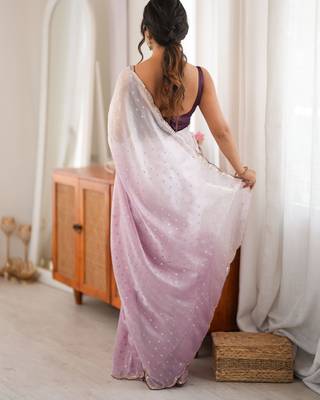 Lavender  premium satin saree with golden butti work & designer border 5