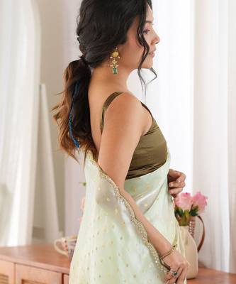 Ivory premium satin saree with golden butti work & designer border 2
