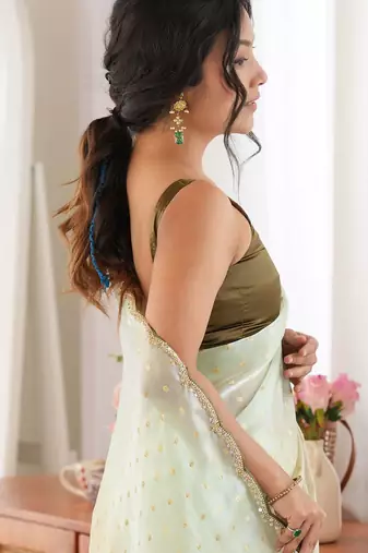Ivory premium satin saree with golden butti work & designer border