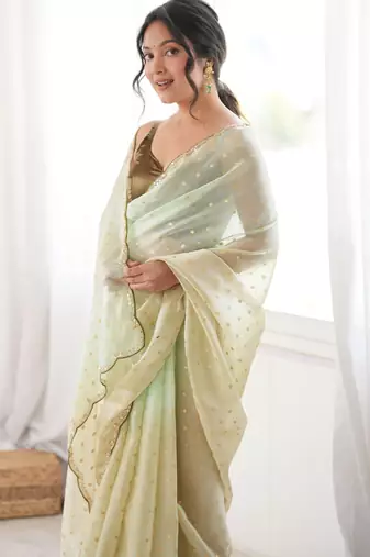 Ivory premium satin saree with golden butti work & designer border