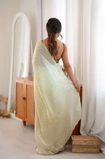 Ivory premium satin saree with golden butti work & designer border