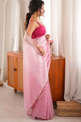 Pink premium satin saree with golden butti work & designer border
