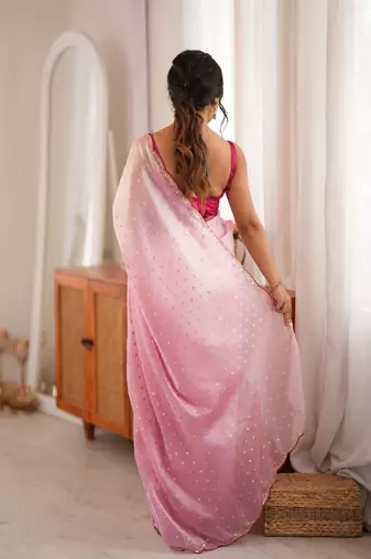 Pink premium satin saree with golden butti work & designer border