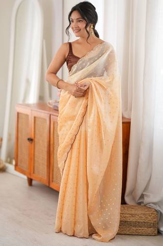 Peach premium satin saree with golden butti work & designer border