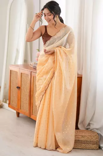 Peach premium satin saree with golden butti work & designer border