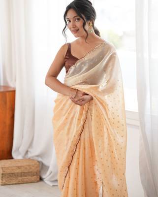 Peach premium satin saree with golden butti work & designer border 4