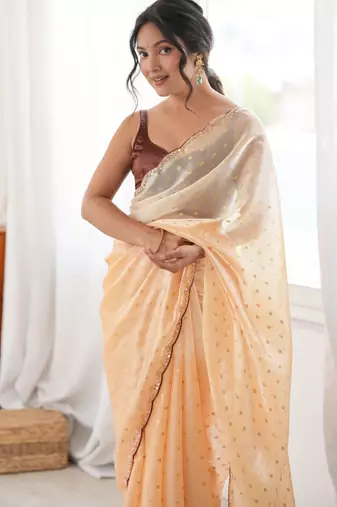 Peach premium satin saree with golden butti work & designer border