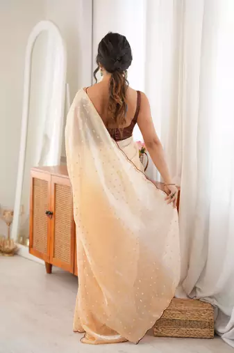 Peach premium satin saree with golden butti work & designer border