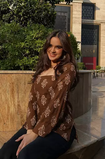 Women's rayon handprinted designer casual wear Jaipuri ethnic Brown short kurti