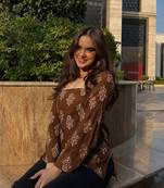Women's rayon handprinted designer casual wear Jaipuri ethnic Brown short kurti