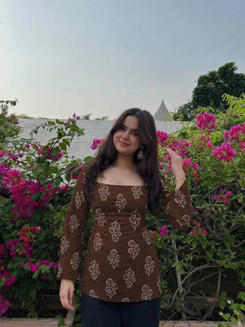 Women's rayon handprinted designer casual wear Jaipuri ethnic Brown short kurti