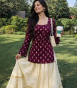 Women's rayon handprinted designer casual wear jaipuri ethnic Purple short kurti