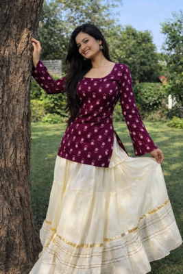 Women's rayon handprinted designer casual wear jaipuri ethnic Purple short kurti 2