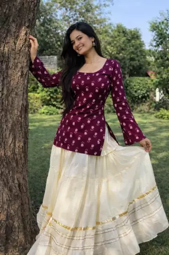 Women's rayon handprinted designer casual wear jaipuri ethnic Purple short kurti