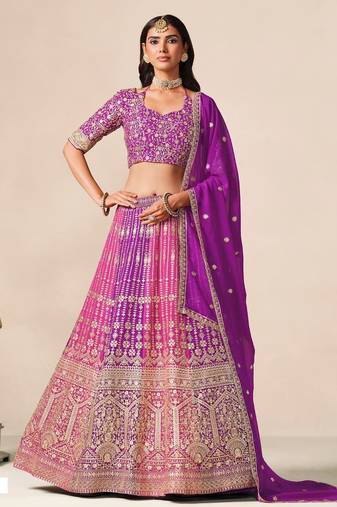 Purple&Rani Georgette Semi Stitched Lehenga Choli with Embroidery & Diamond Work