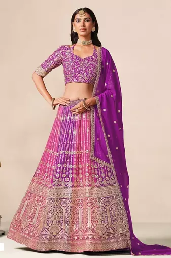 Purple&Rani Georgette Semi Stitched Lehenga Choli with Embroidery & Diamond Work
