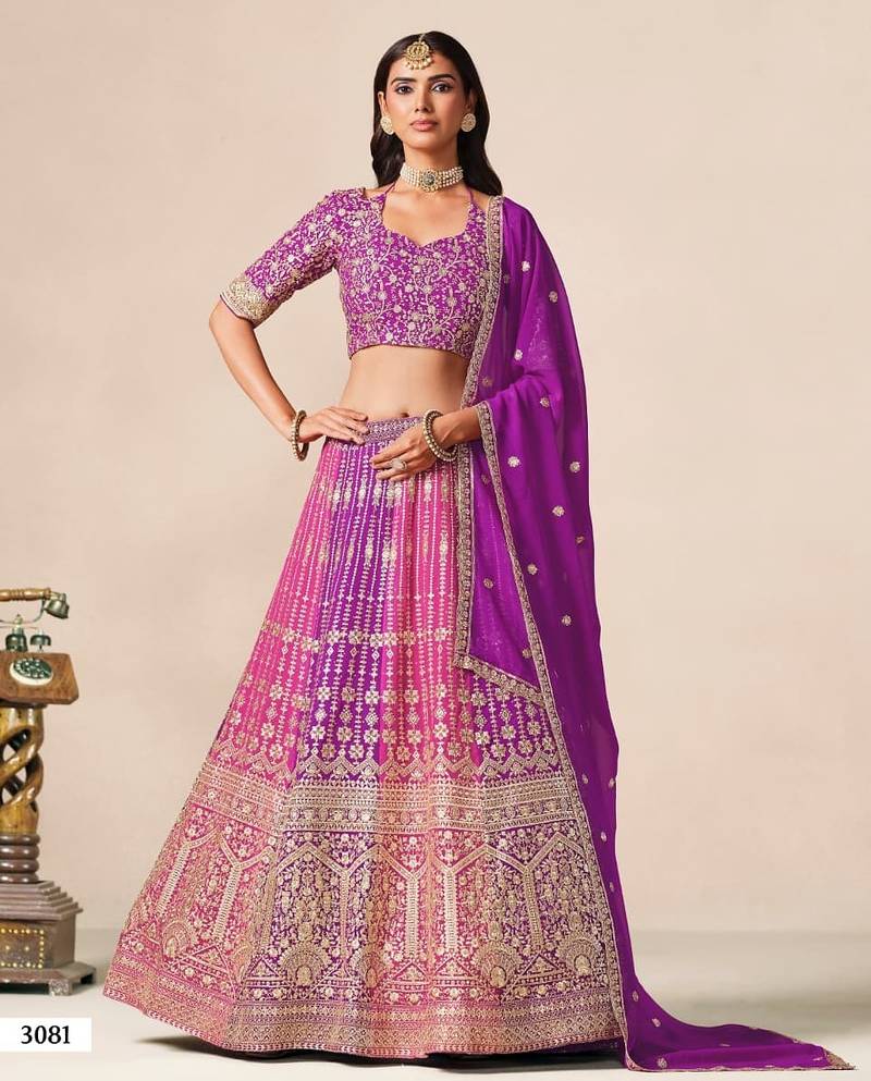 Purple&Rani Georgette Semi Stitched Lehenga Choli with Embroidery & Diamond Work