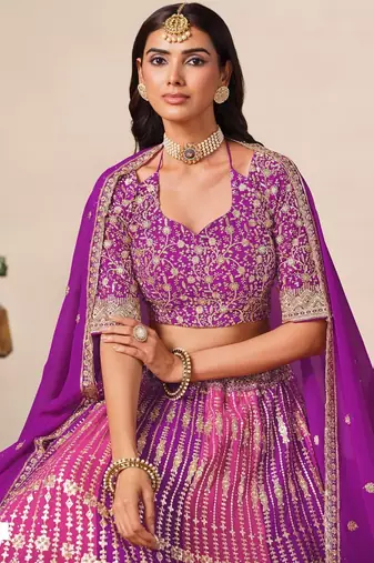 Purple&Rani Georgette Semi Stitched Lehenga Choli with Embroidery & Diamond Work