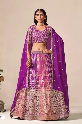 Purple&Rani Georgette Semi Stitched Lehenga Choli with Embroidery & Diamond Work
