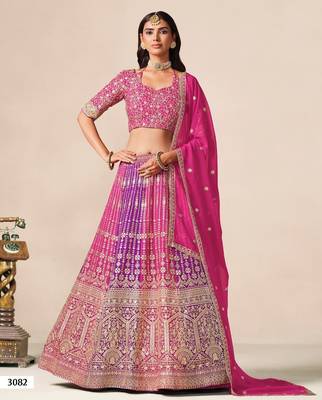 Rani&Purple Georgette Semi Stitched Lehenga Choli with Embroidery & Diamond Work 1