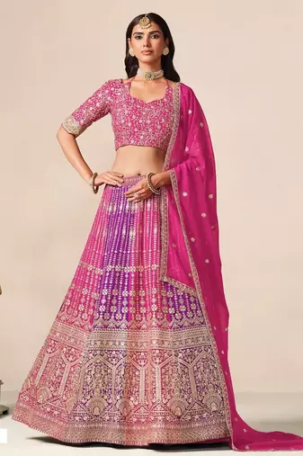 Rani&Purple Georgette Semi Stitched Lehenga Choli with Embroidery & Diamond Work