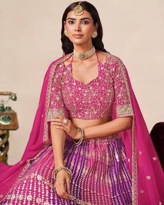 Rani&Purple Georgette Semi Stitched Lehenga Choli with Embroidery & Diamond Work 2