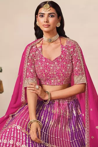 Rani&Purple Georgette Semi Stitched Lehenga Choli with Embroidery & Diamond Work