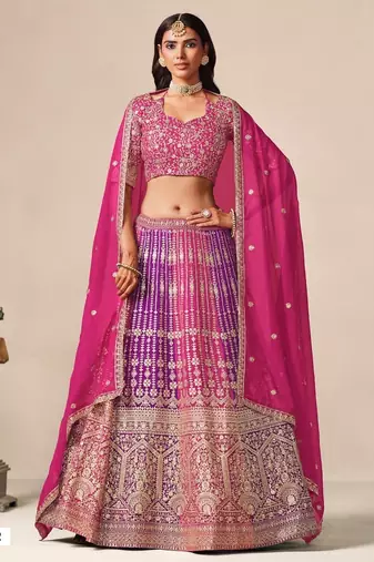 Rani&Purple Georgette Semi Stitched Lehenga Choli with Embroidery & Diamond Work