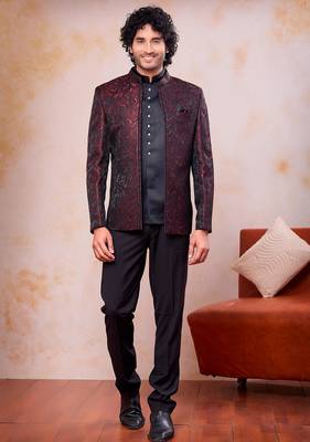 Wine & black imported jacquard fabric 3 piece jacket jodhpuri for men 1