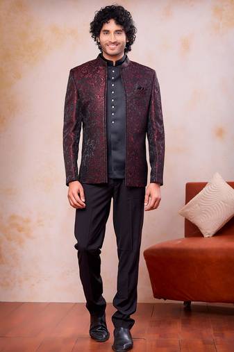 Wine & black imported jacquard fabric 3 piece jacket jodhpuri for men