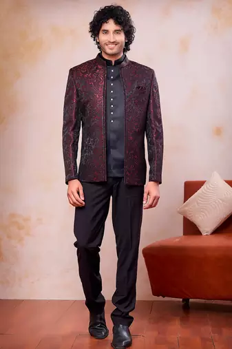Wine & black imported jacquard fabric 3 piece jacket jodhpuri for men