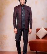 Wine & black imported jacquard fabric 3 piece jacket jodhpuri for men